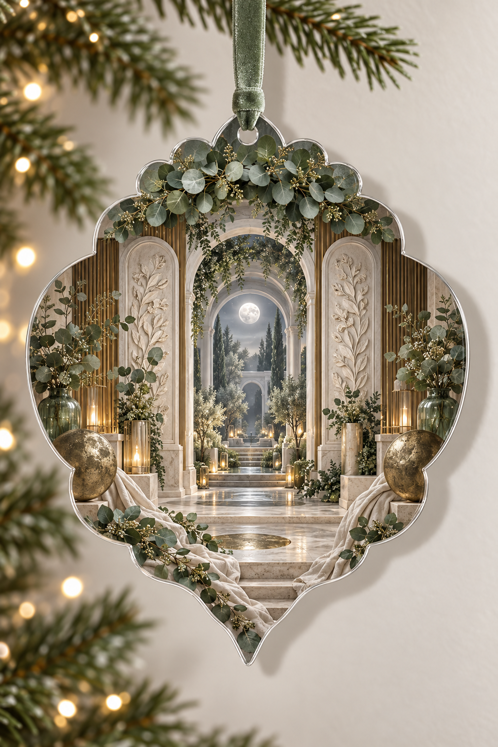 One christmas ornament with an original Eucalyptus Moonveil Relief Sanctuary and deep bedroom illusion.