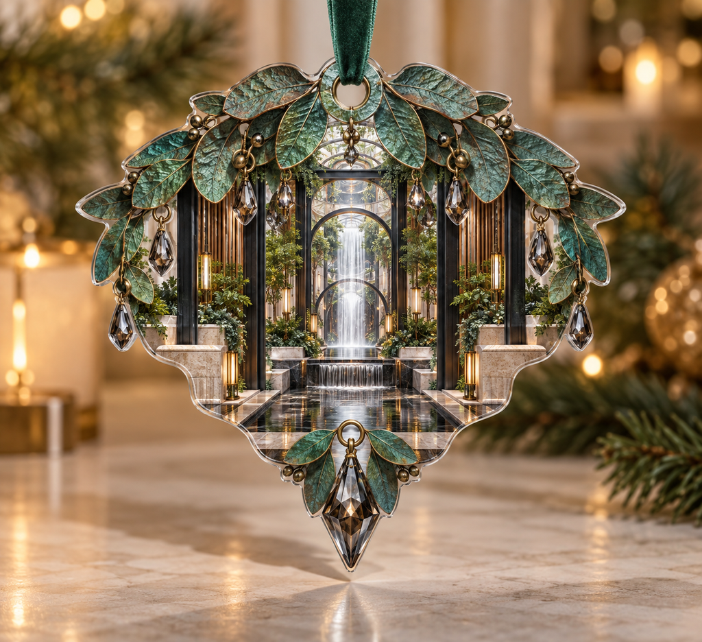 One christmas ornament with an original Eucalyptus Verdigris Cascade Gallery and deep bedroom illusion.