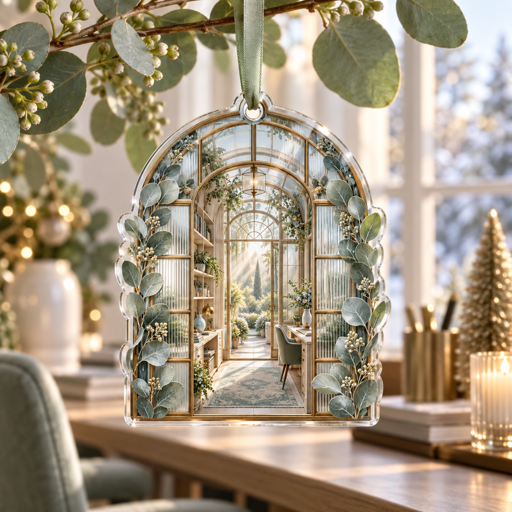 One christmas ornament with an original Eucalyptus Daybreak Gridwork Studio and deep home-office illusion.