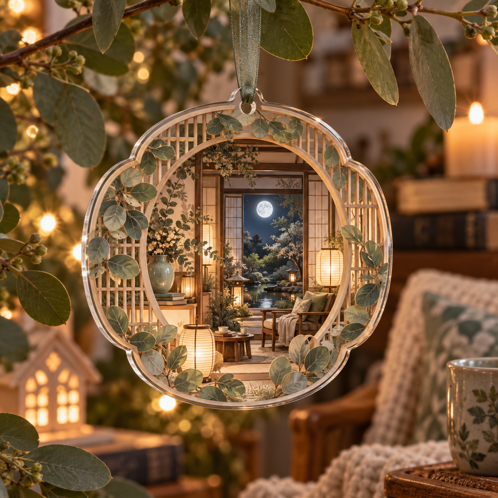 One christmas ornament with an original Eucalyptus Hushlight Paper Pavilion and deep quiet-corner illusion.