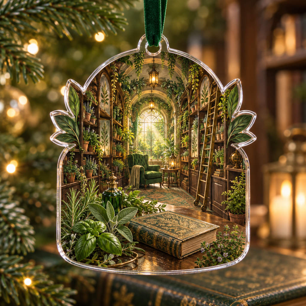 One christmas ornament with an original Herb Garden Lanternleaf Library and deep reading-nook illusion.