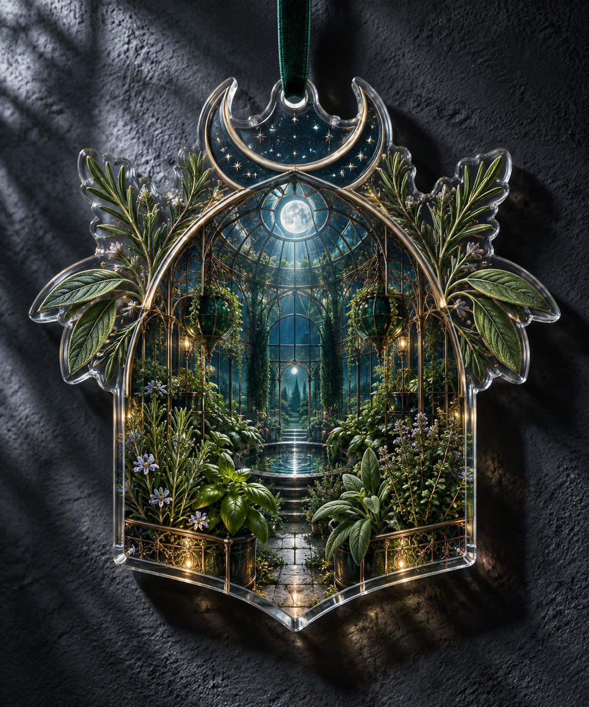 One christmas ornament with an original Herb Garden Nocturne Canopy and deep moonlit conservatory illusion.