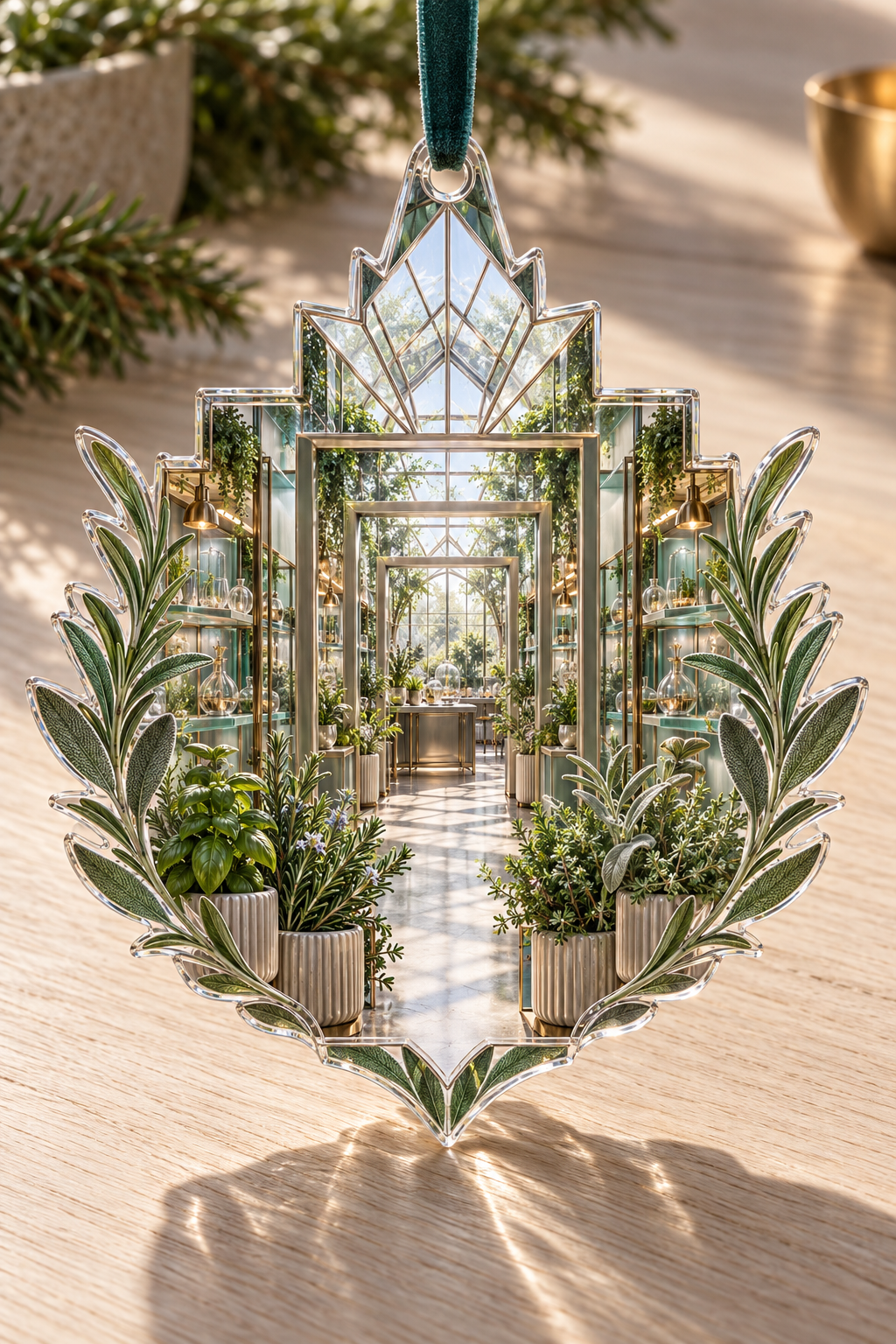 One christmas ornament with an original Herb Garden Vertex Glasswork Studio and deep professional botanical-studio illusion.