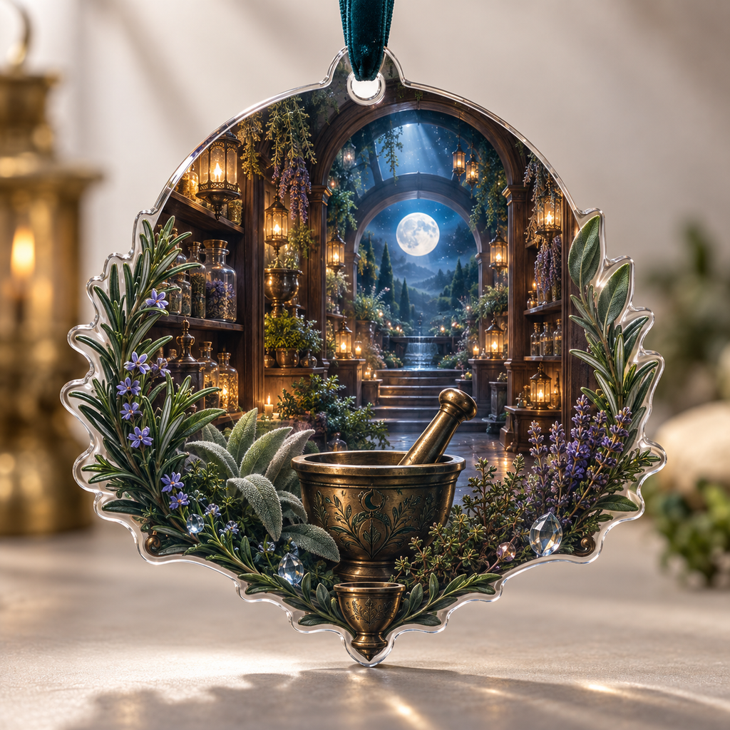 One christmas ornament with an original Herb Garden Moonwell Apothecary Nook and maximum-depth printed illusion.