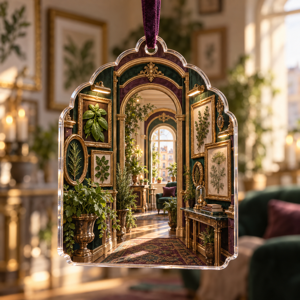 One christmas ornament with an original Herb Garden Prism-Frame Salon and maximum-depth printed illusion.