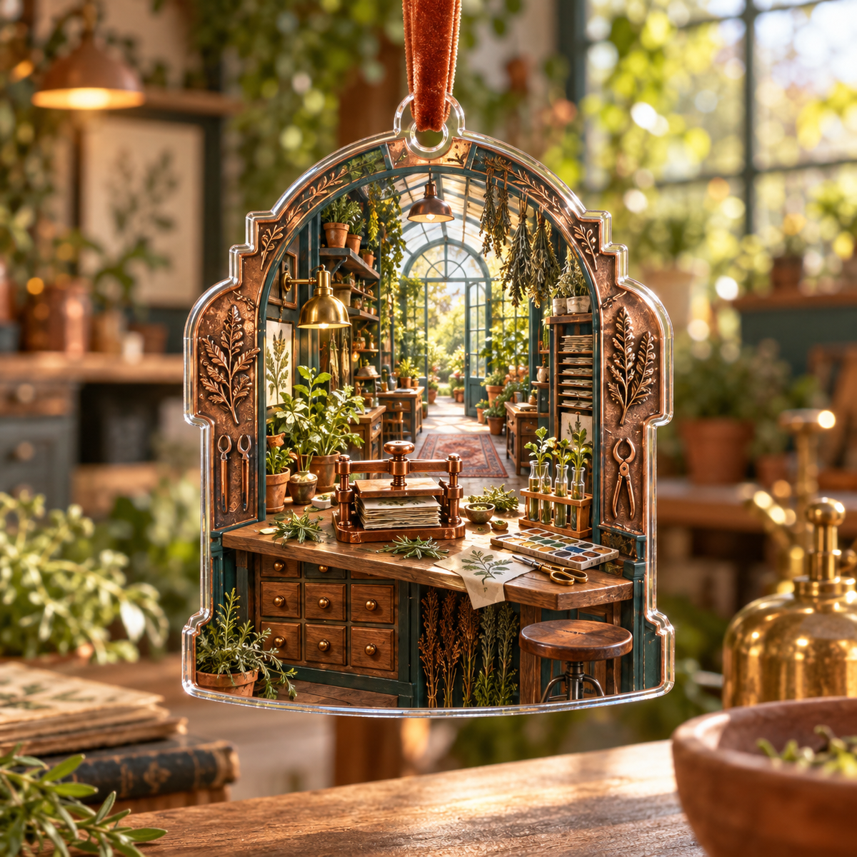 One christmas ornament with an original Herb Garden Copperpress Maker Atelier and maximum-depth printed illusion.