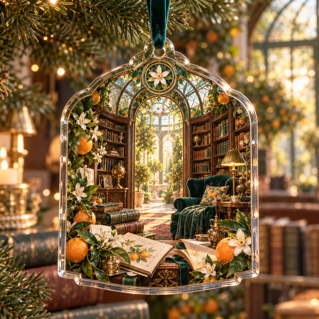 One christmas ornament with an original Citrus Blossom Sunfolio Reading Orangery and maximum-depth printed illusion.