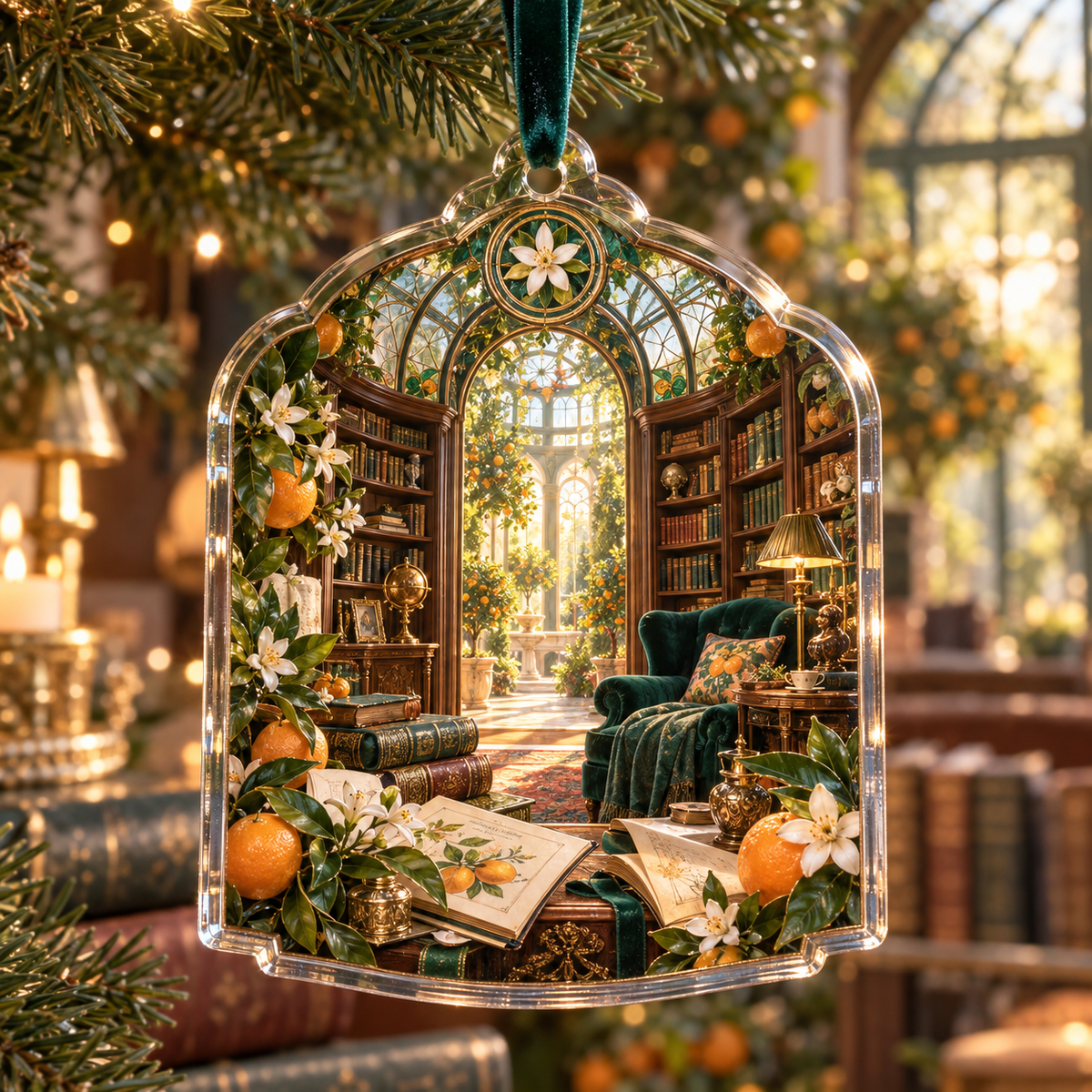 One christmas ornament with an original Citrus Blossom Sunfolio Reading Orangery and maximum-depth printed illusion.