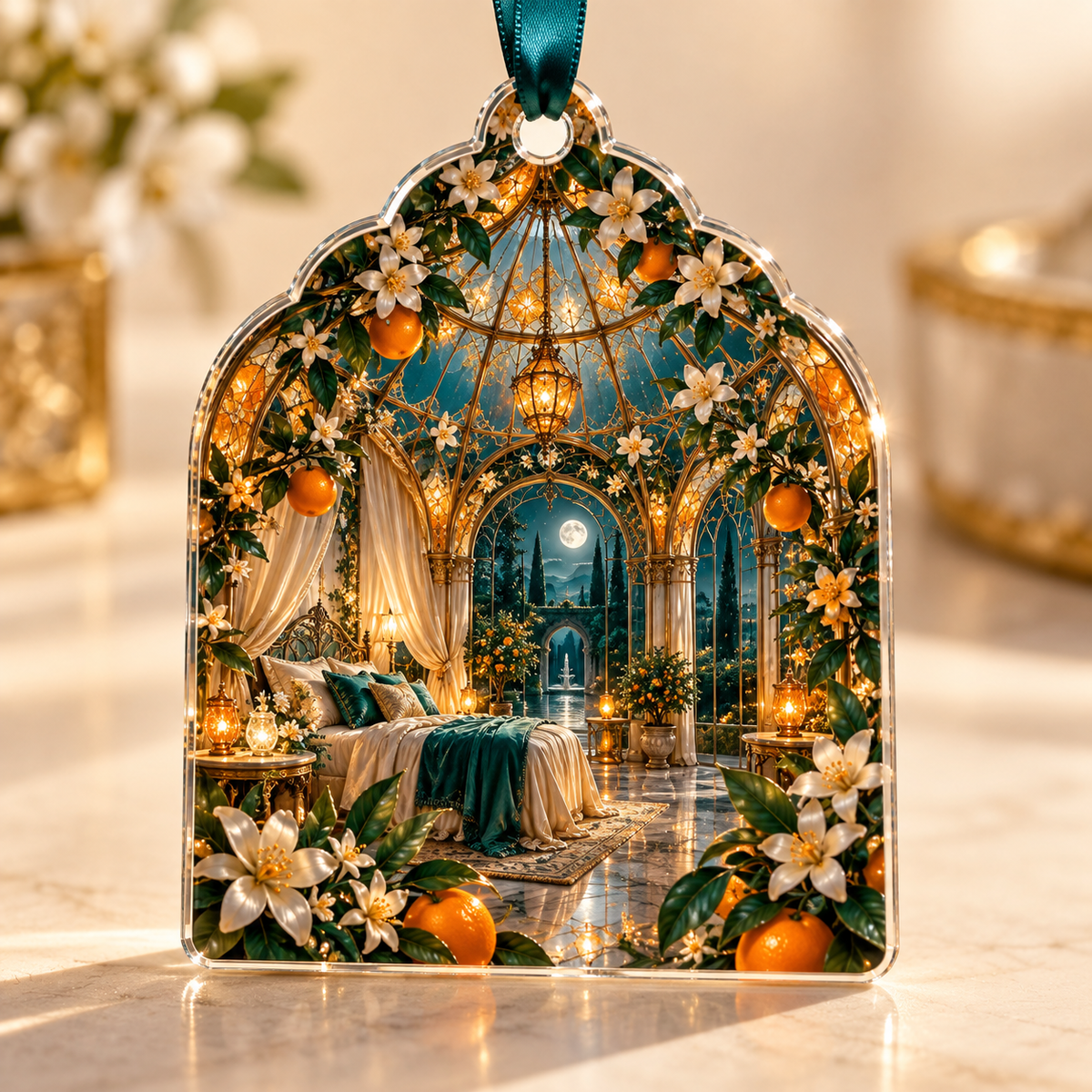 One christmas ornament with an original Citrus Blossom Emberglass Canopy and maximum-depth printed illusion.