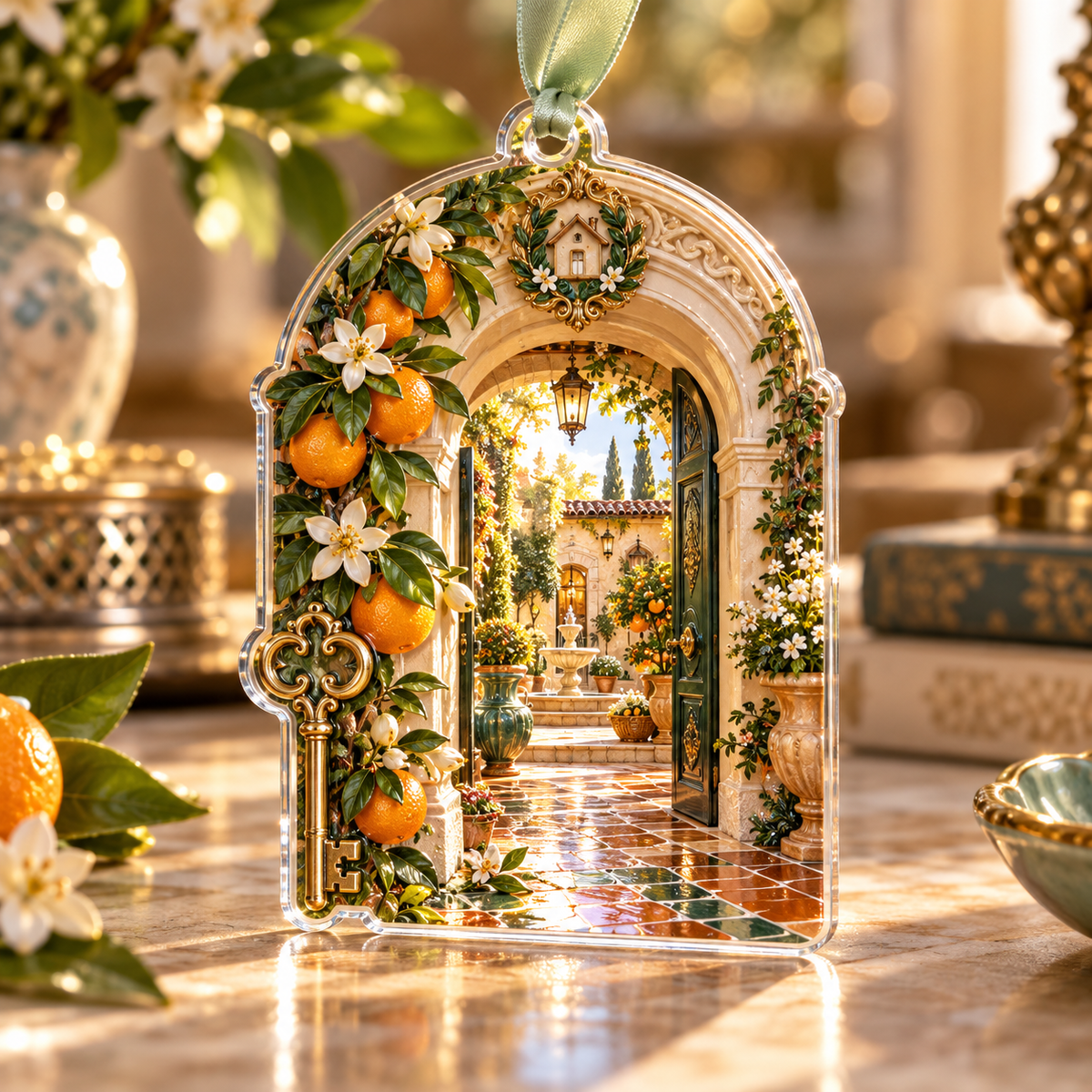 One christmas ornament with an original Citrus Blossom Keylight Welcome Courtyard and maximum-depth printed illusion.