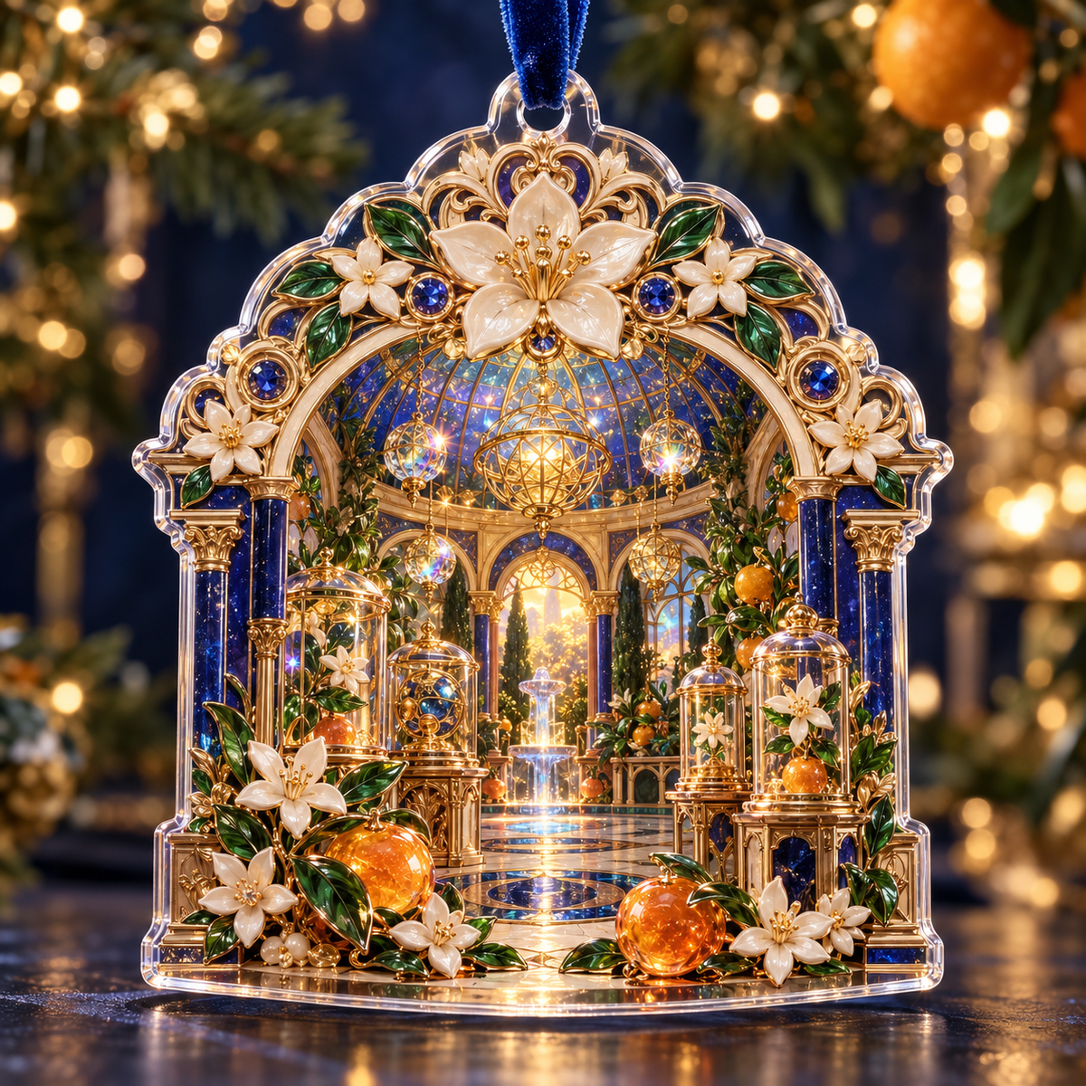 One christmas ornament with an original Citrus Blossom Curiofoil Jubilee Gallery and maximum-depth printed illusion.