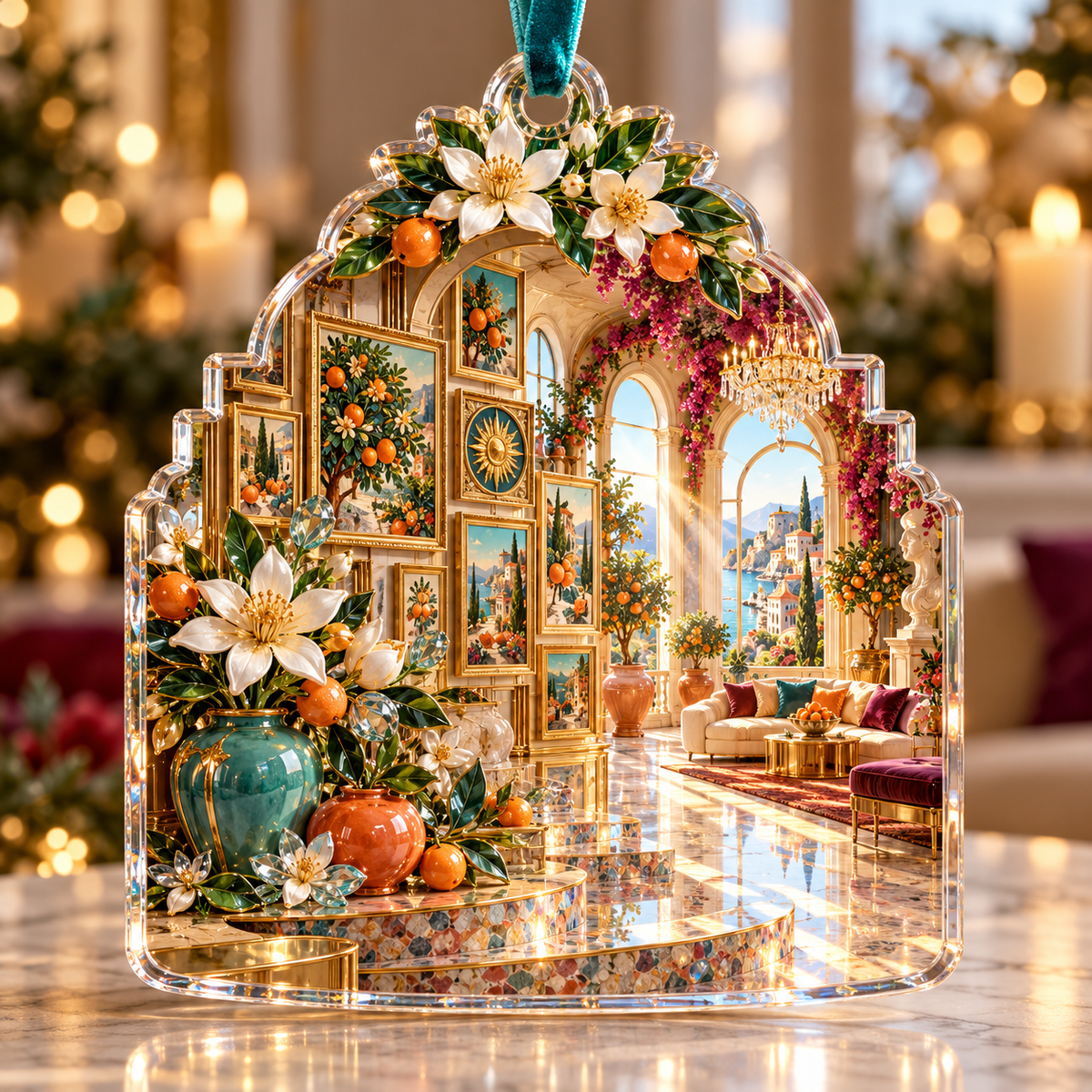 One christmas ornament with an original Citrus Blossom Facetframe Loft Salon and maximum-depth printed illusion.