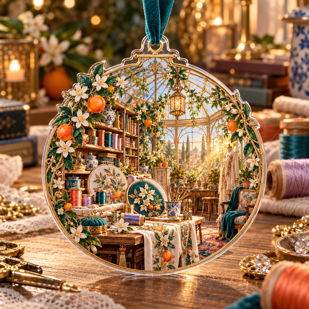 One christmas ornament with an original Citrus Blossom Prismthread Maker Atelier and maximum-depth printed illusion.