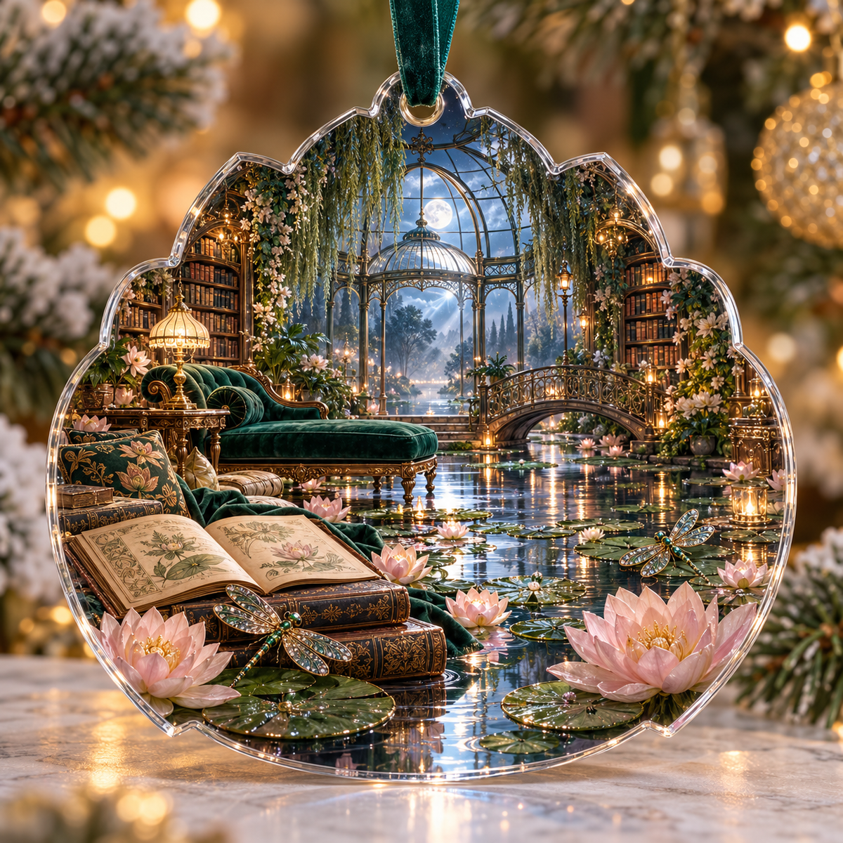 One christmas ornament with an original Water Lily Lumenleaf Storypond Conservatory and maximum-depth printed illusion.