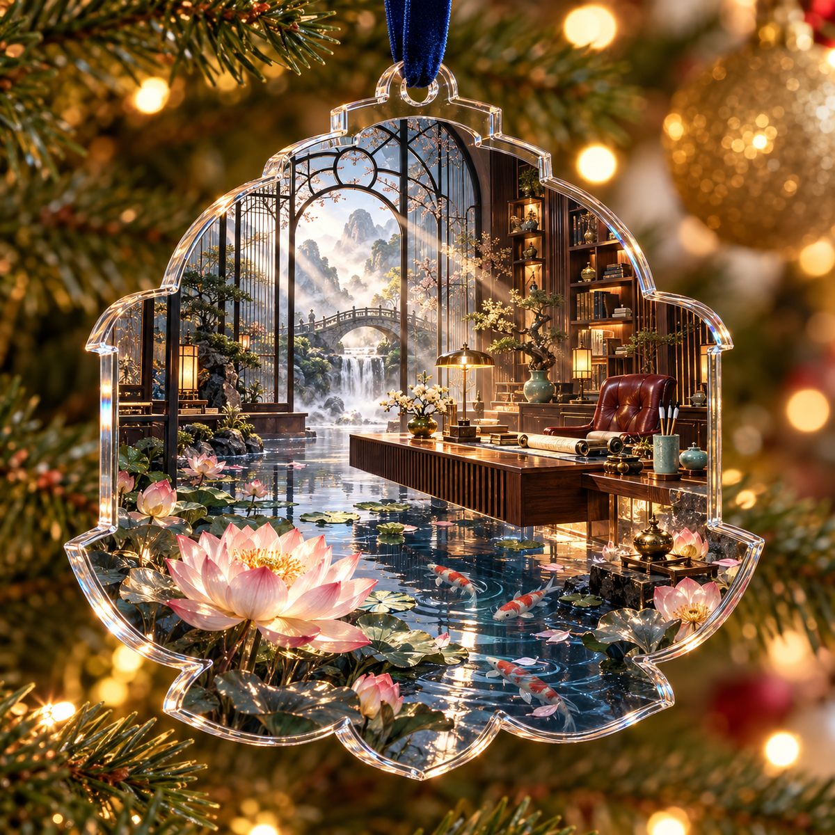 One christmas ornament with an original Water Lily Inkglass Scholar's Studio and maximum-depth printed illusion.