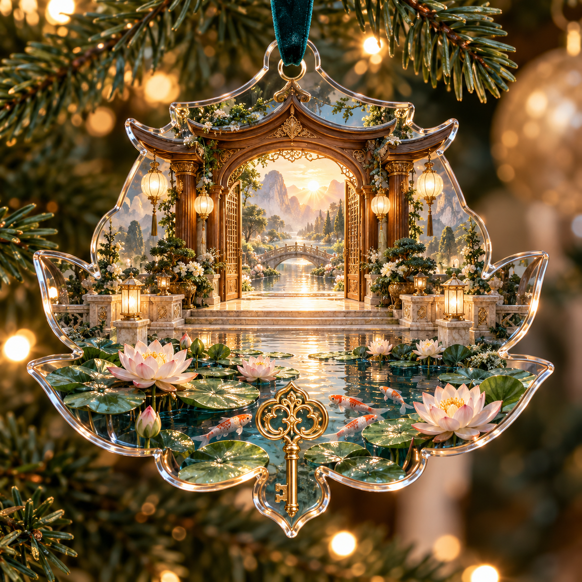 One christmas ornament with an original Water Lily Hearthglass Welcome Pavilion and maximum-depth printed illusion.