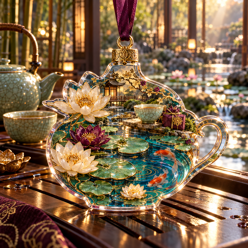 One christmas ornament with an original Water Lily Teahouse Gratitude Garden and maximum-depth printed illusion.