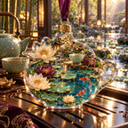 One christmas ornament with an original Water Lily Teahouse Gratitude Garden and maximum-depth printed illusion.