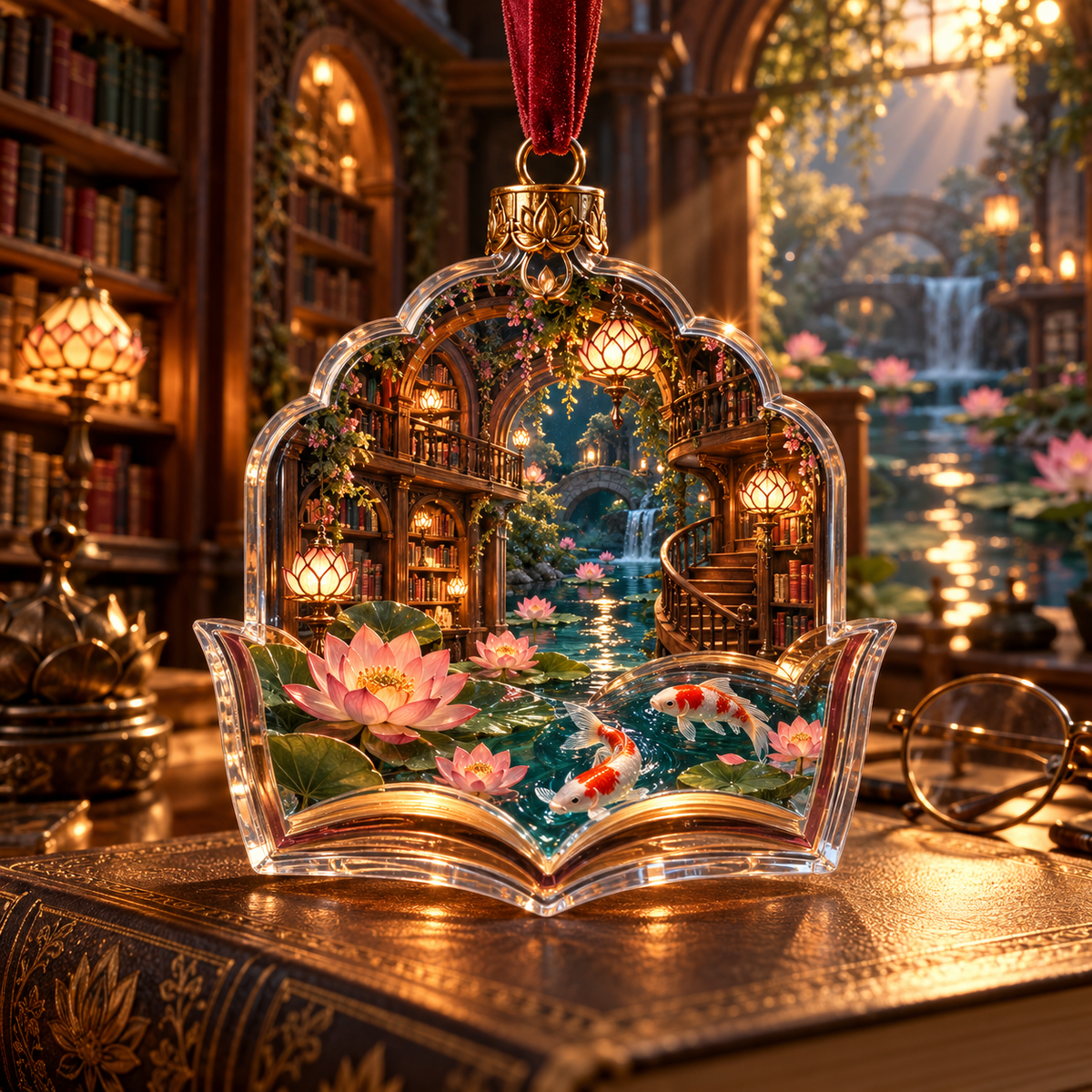 One christmas ornament with an original Koi Lotus Lantern Library and maximum-depth printed illusion.