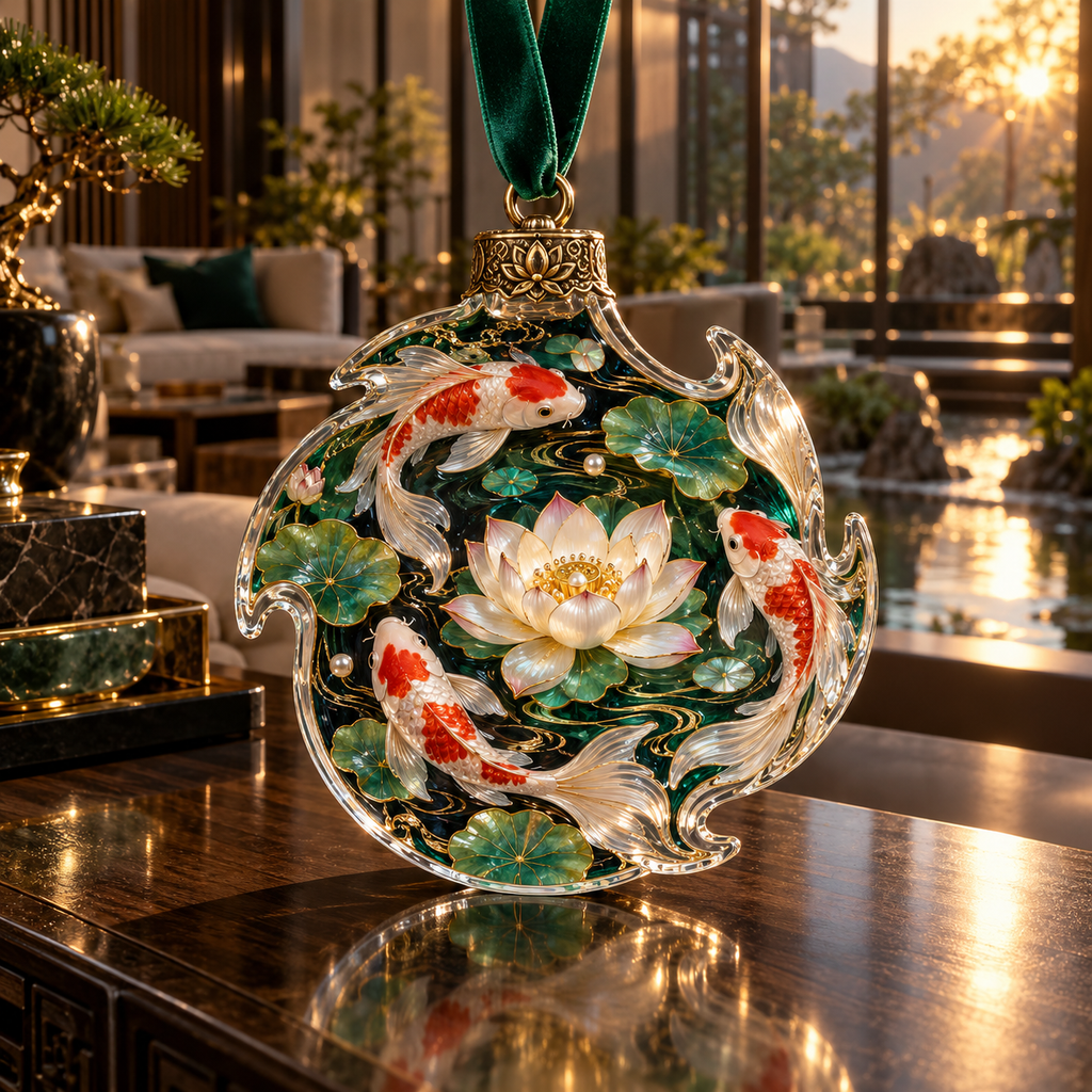 One christmas ornament with an original Koi Lotus Emerald Salon and maximum-depth printed illusion.