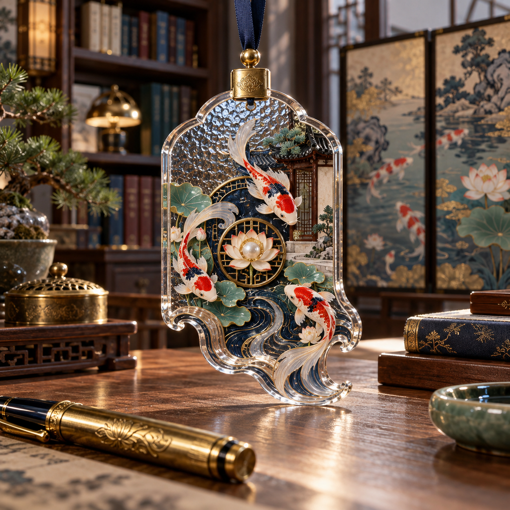 One christmas ornament with an original Koi Lotus Scholar Atrium and maximum-depth printed illusion.