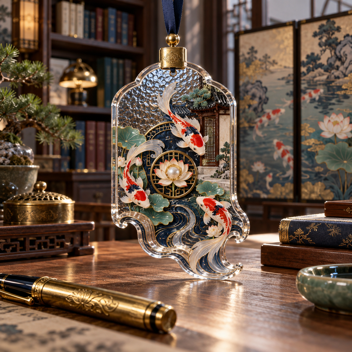 One christmas ornament with an original Koi Lotus Scholar Atrium and maximum-depth printed illusion.