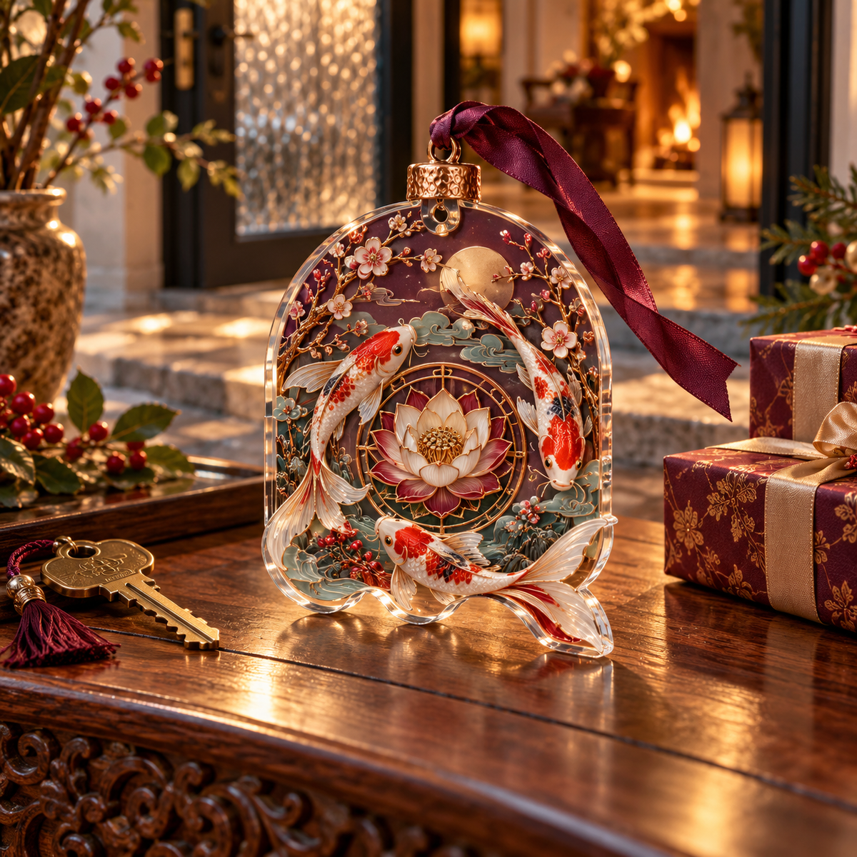 One christmas ornament with an original Koi Lotus Hearth Blessing and maximum-depth printed illusion.