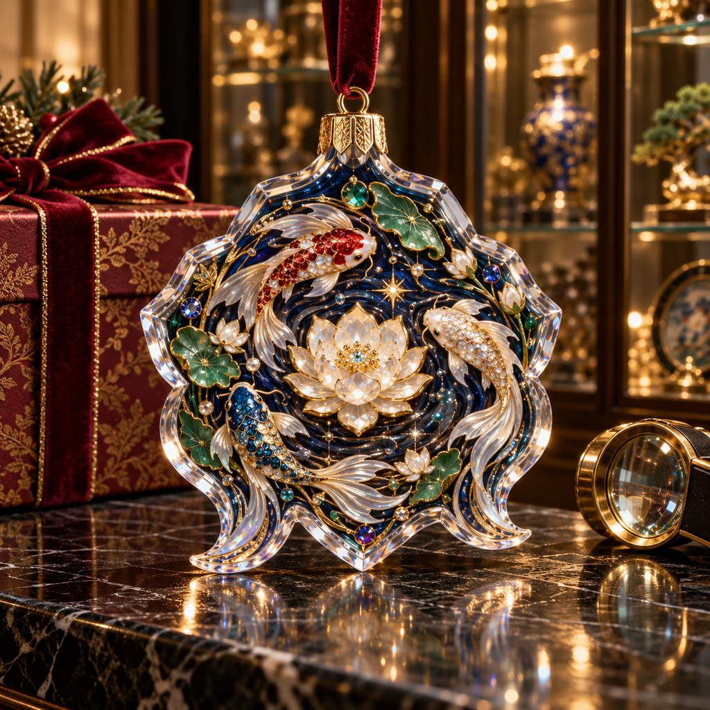 One christmas ornament with an original Koi Lotus Jubilee Curio and maximum-depth printed illusion.