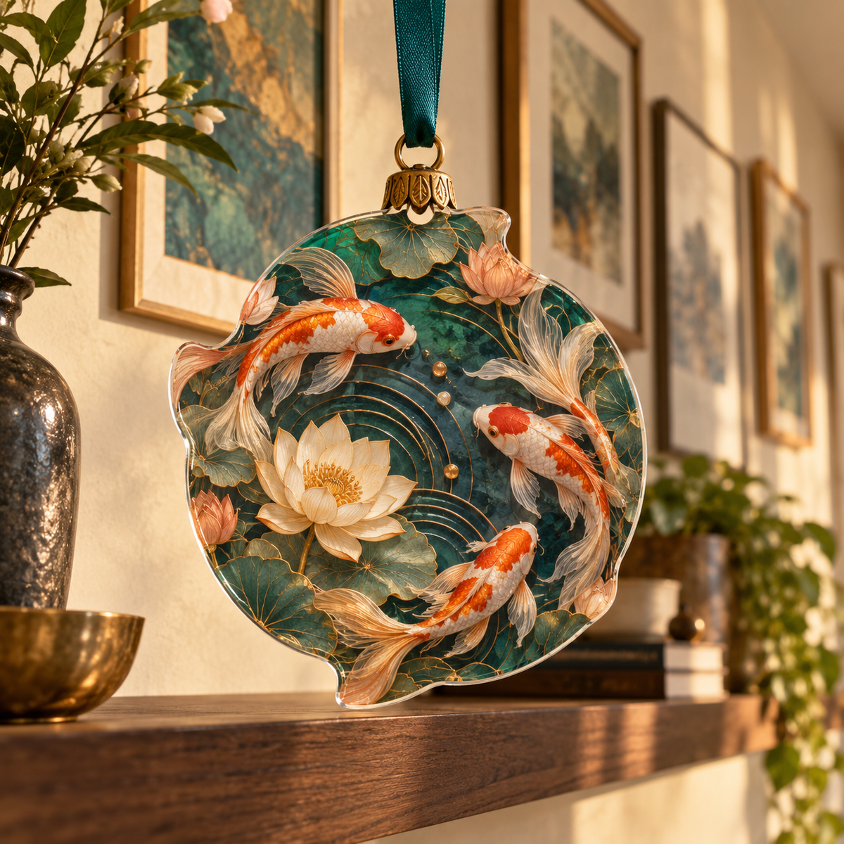 One christmas ornament with an original Koi Lotus Prism Gallery and maximum-depth printed illusion.