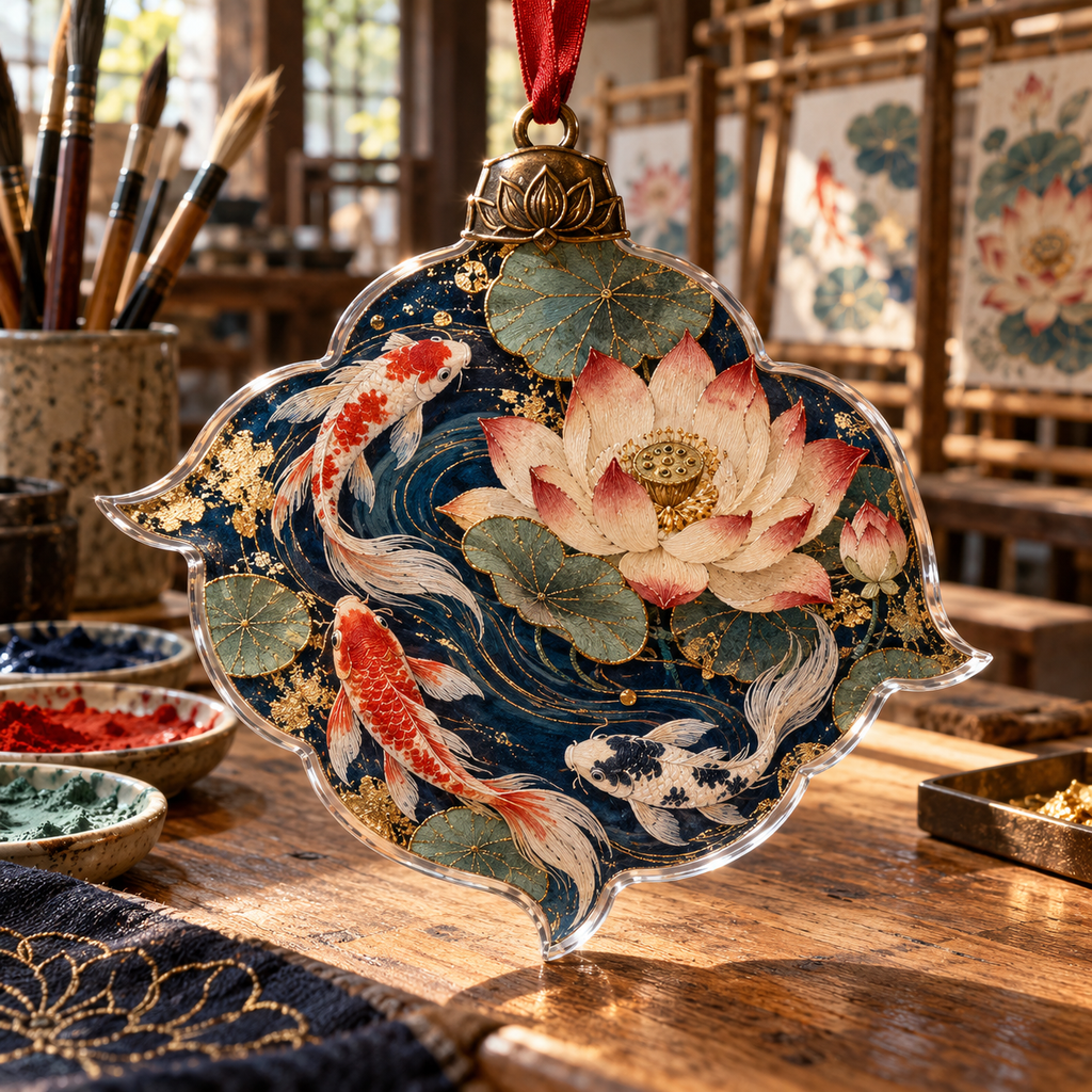 One christmas ornament with an original Koi Lotus Atelier Current and maximum-depth printed illusion.