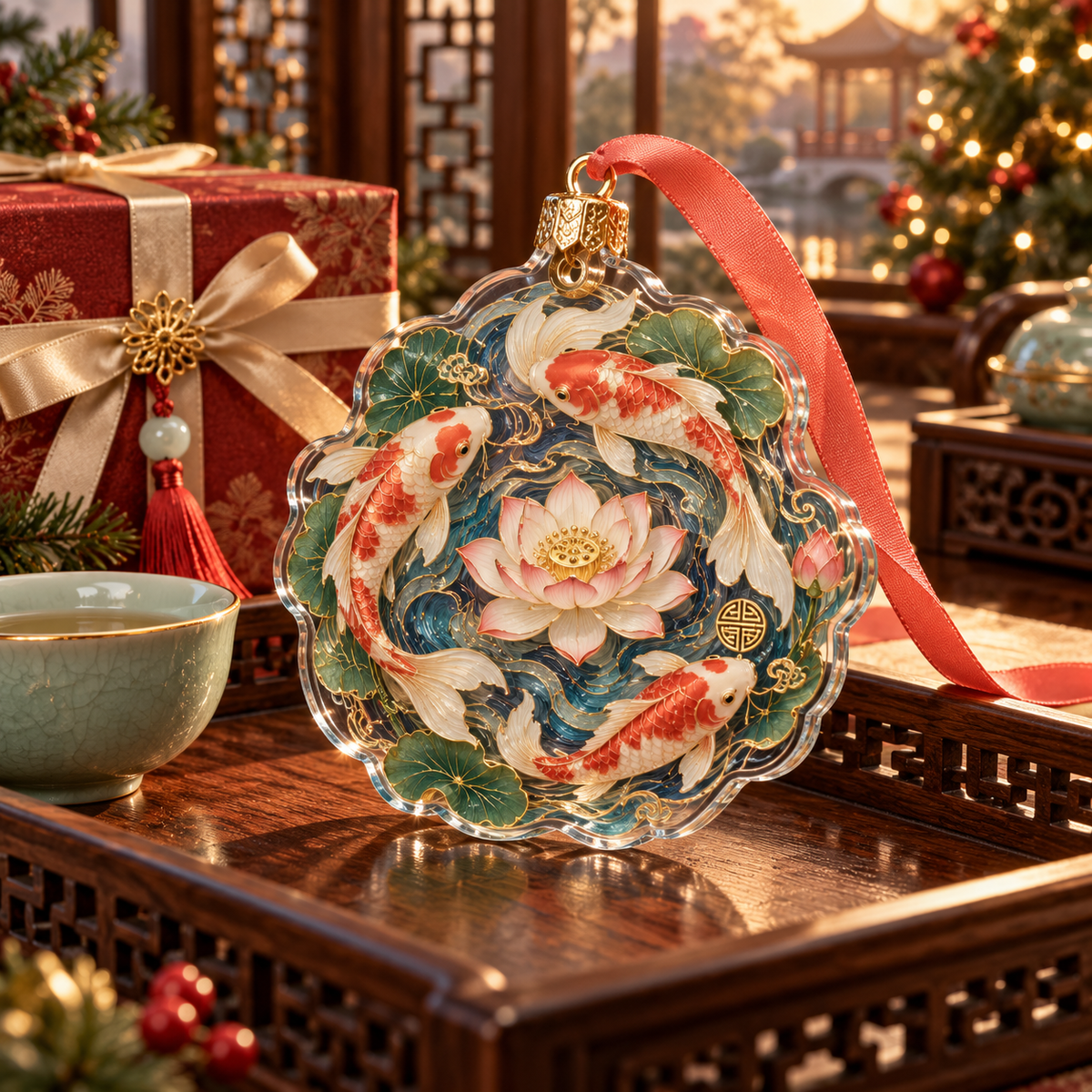 One christmas ornament with an original Koi Lotus Gracious Pavilion and maximum-depth printed illusion.