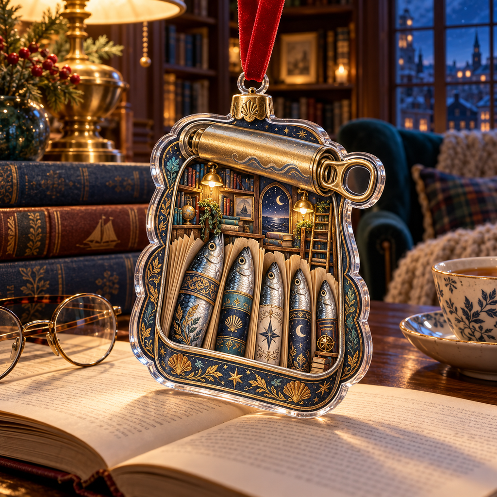 One christmas ornament with an original Sardine Library Midnight Folio and maximum-depth printed illusion.