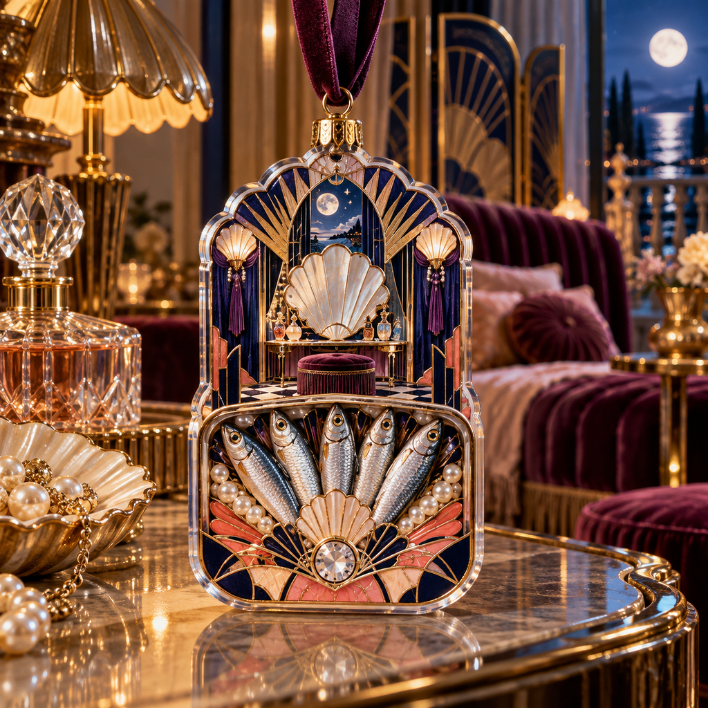 One christmas ornament with an original Sardine Nocturne Deco Cabinet and maximum-depth printed illusion.