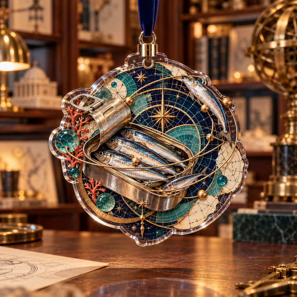 One christmas ornament with an original Sardine Blueprint Observatory and maximum-depth printed illusion.