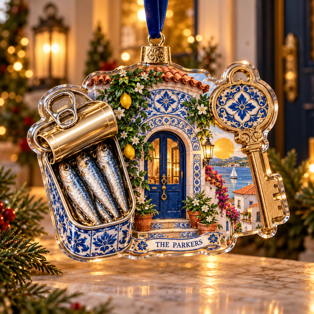 One christmas ornament with an original Sardine Azulejo House Key and maximum-depth printed illusion.