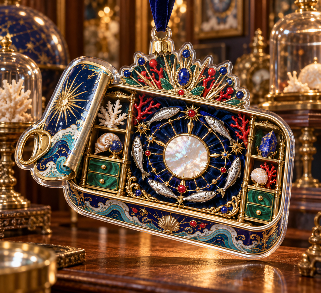 One christmas ornament with an original Sardine Birthday Cabinet of Tides and maximum-depth printed illusion.