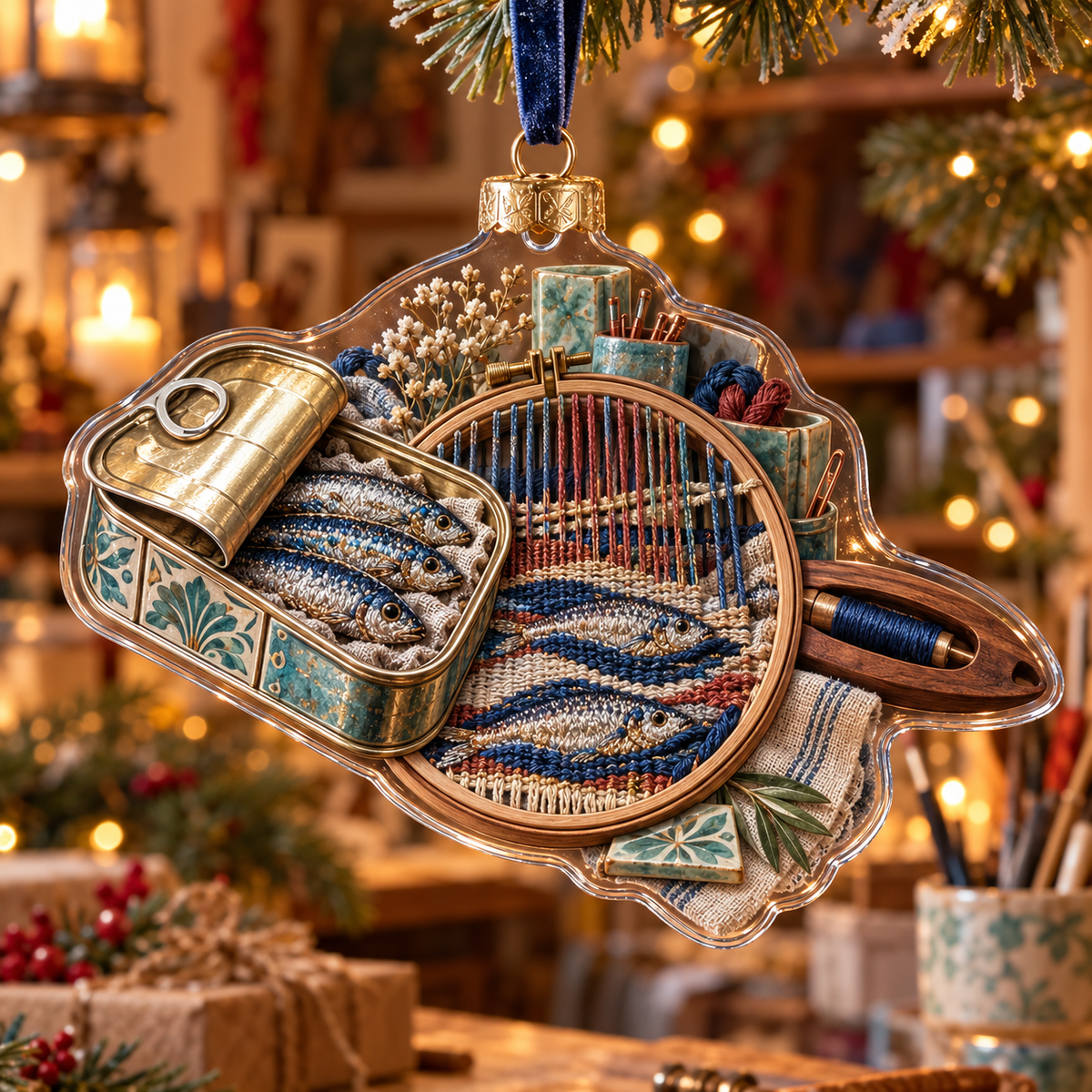 One christmas ornament with an original Sardine Maker Loom Atelier and maximum-depth printed illusion.