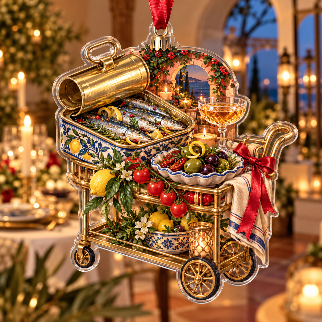 One christmas ornament with an original Sardine Gratitude Aperitivo Cart and maximum-depth printed illusion.