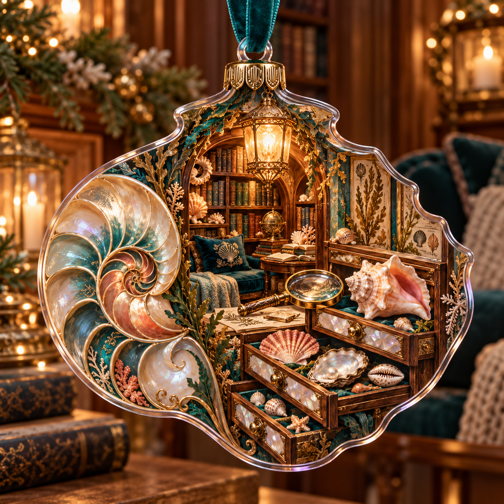 One christmas ornament with an original Seashell Cartographer Lantern Library and maximum-depth printed illusion.
