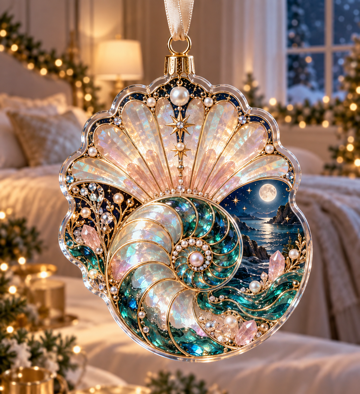 One christmas ornament with an original Seashell Celestial Pearl Canopy and maximum-depth printed illusion.