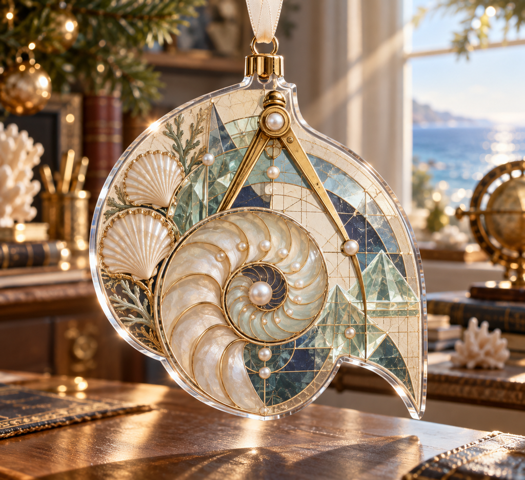 One christmas ornament with an original Seashell Pearl Geometer Studio and maximum-depth printed illusion.