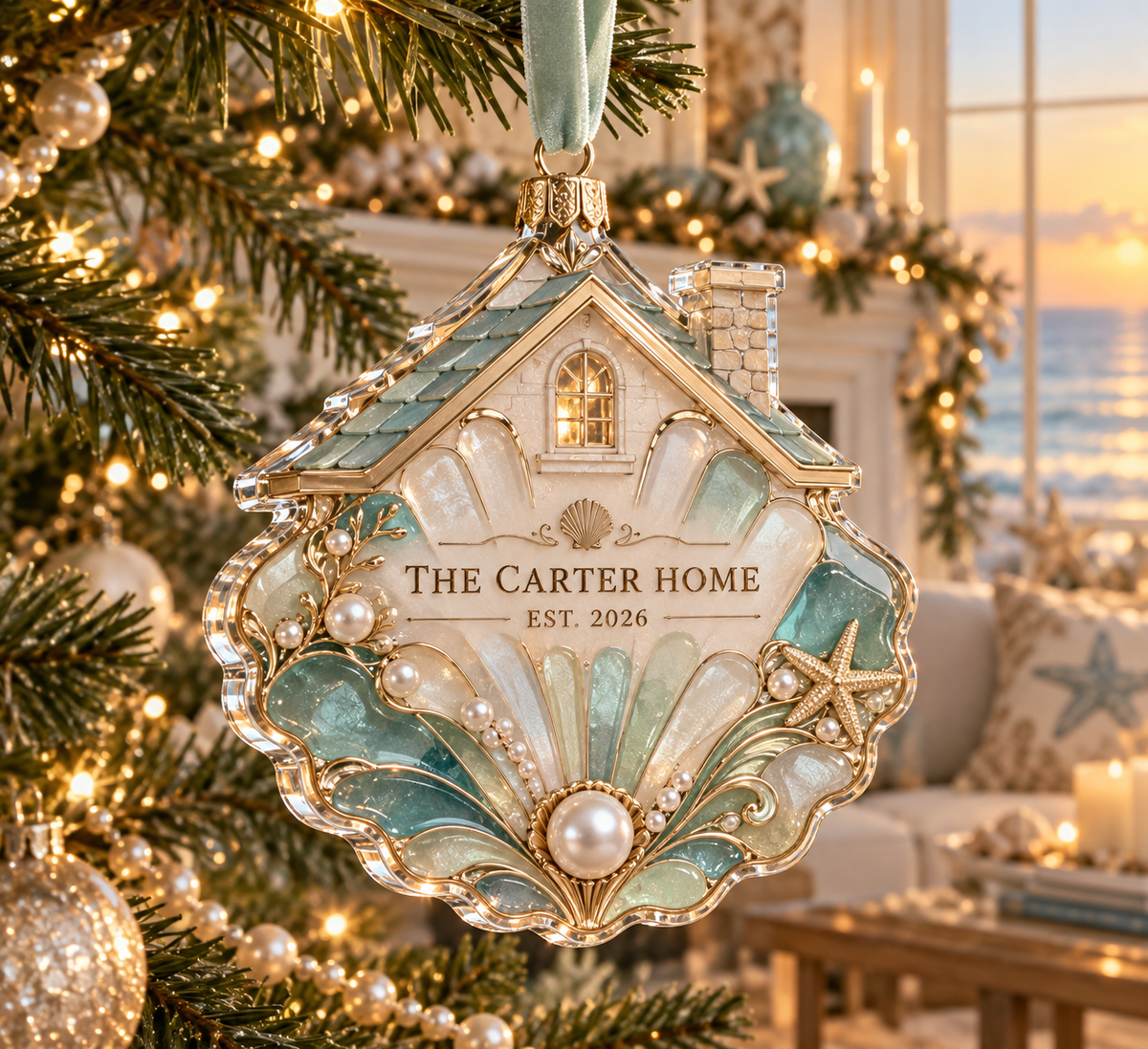 One christmas ornament with an original Seashell Pearl Address Sanctuary and maximum-depth printed illusion.