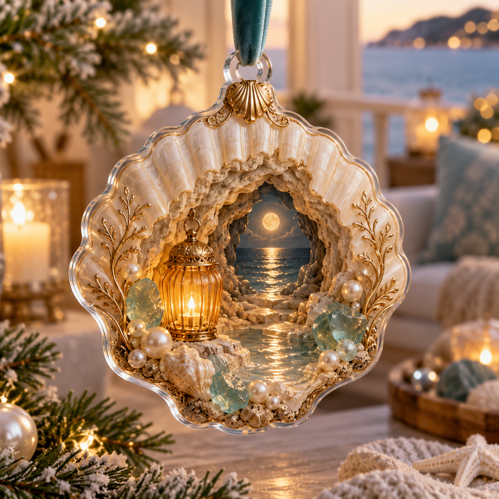 One christmas ornament with an original Seashell Amber Grotto Alcove and maximum-depth printed illusion.