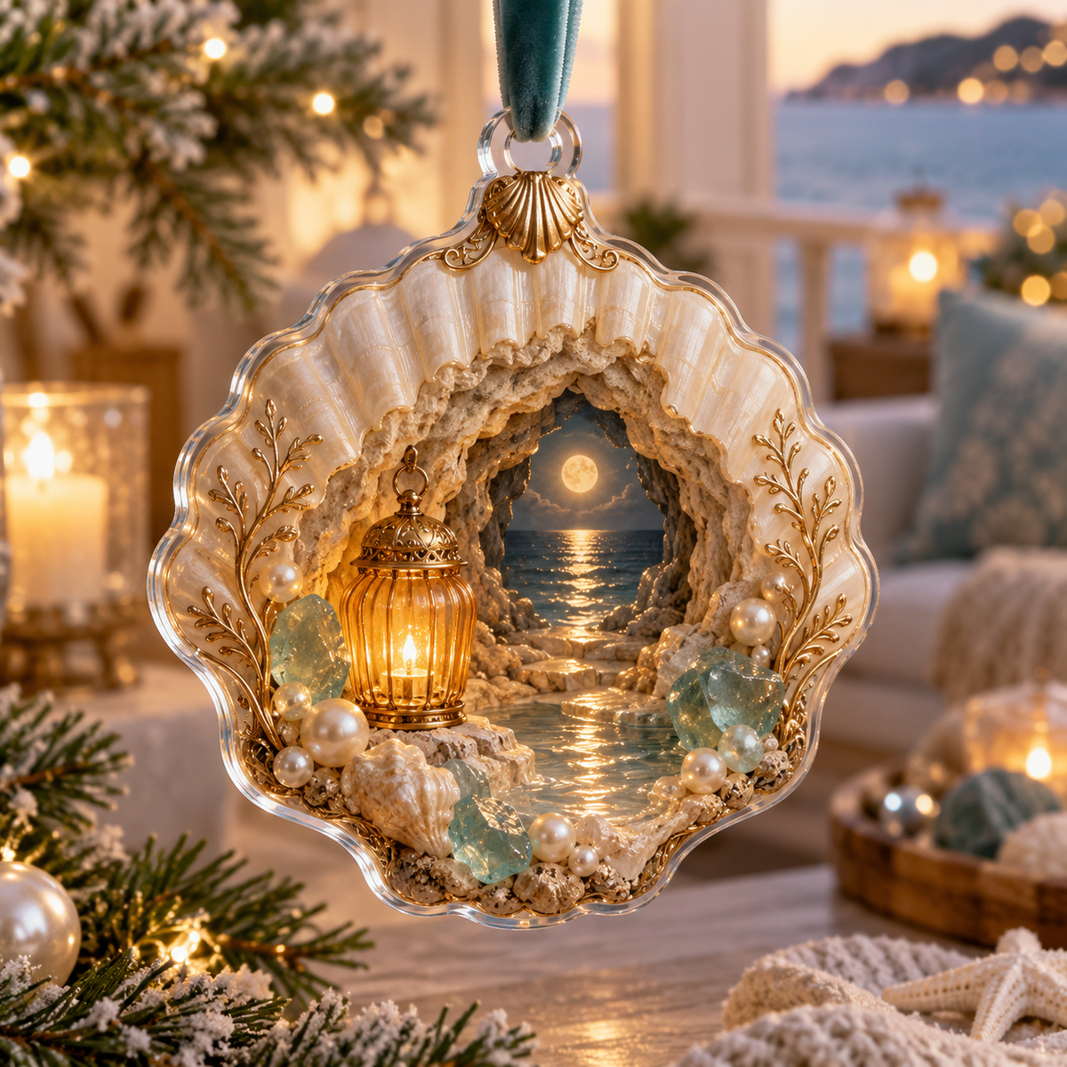 One christmas ornament with an original Seashell Amber Grotto Alcove and maximum-depth printed illusion.