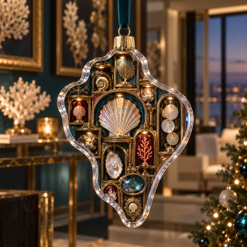 One christmas ornament with an original Seashell Prism Shadowbox Salon and maximum-depth printed illusion.