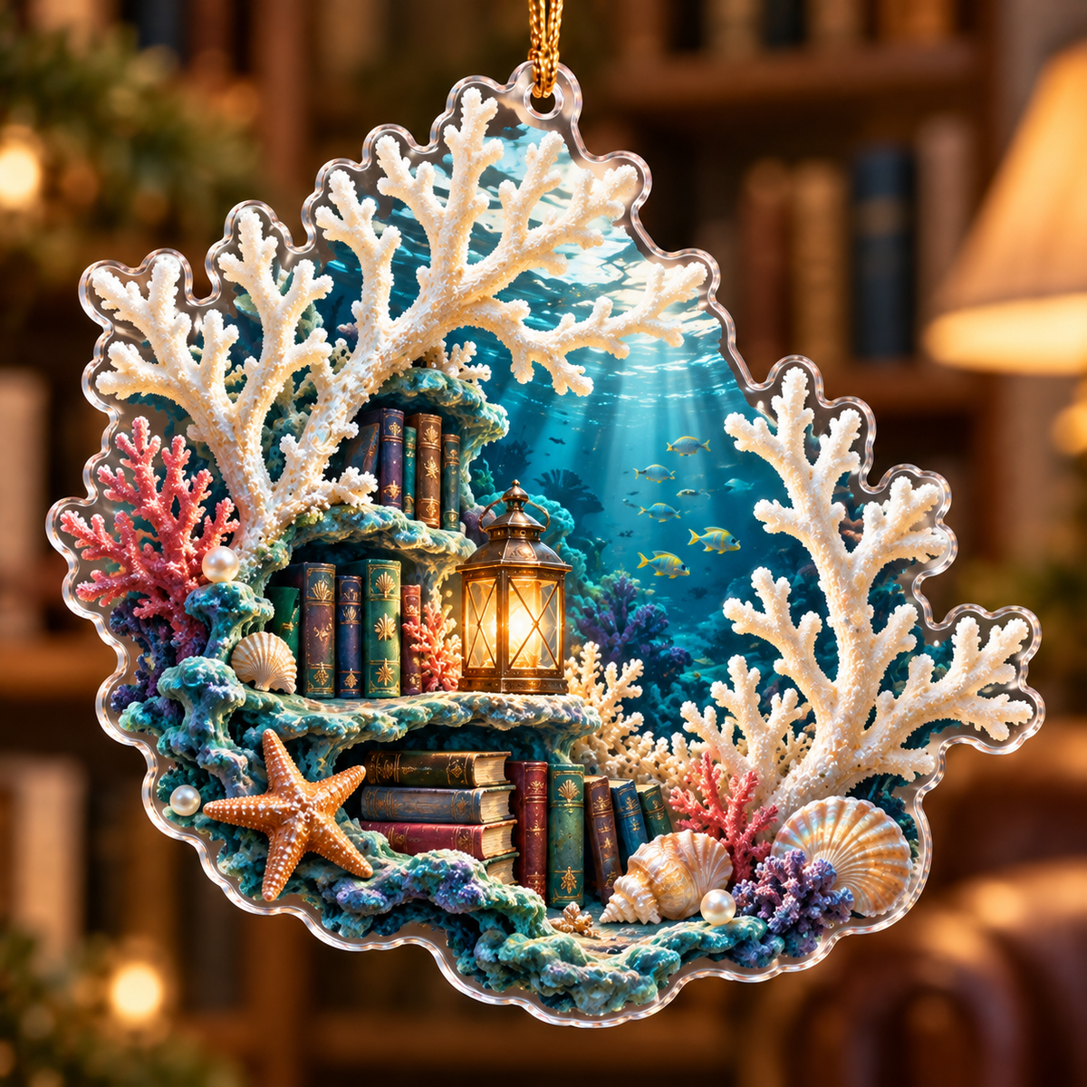 One christmas ornament with original Coral Reef Lantern Library and maximum-depth printed illusion.