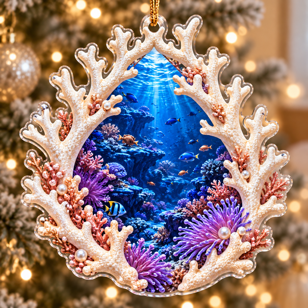One christmas ornament with original Coral Reef Sapphire Atrium and maximum-depth printed illusion.