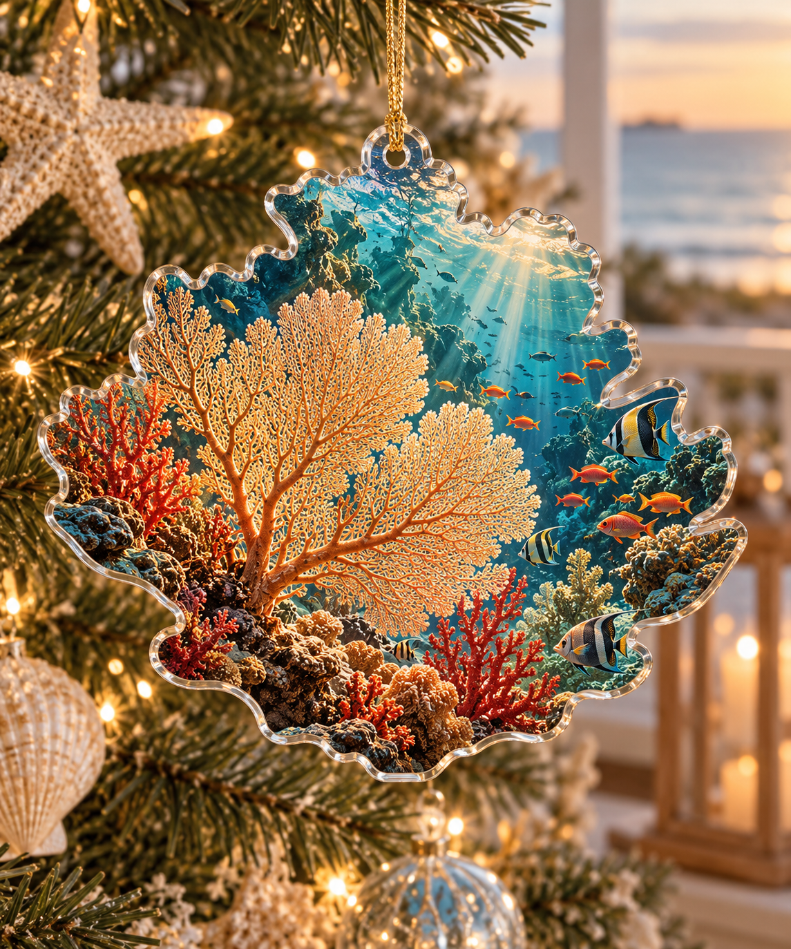 One christmas ornament with original Coral Reef Sunlit Gallery optical-depth print.
