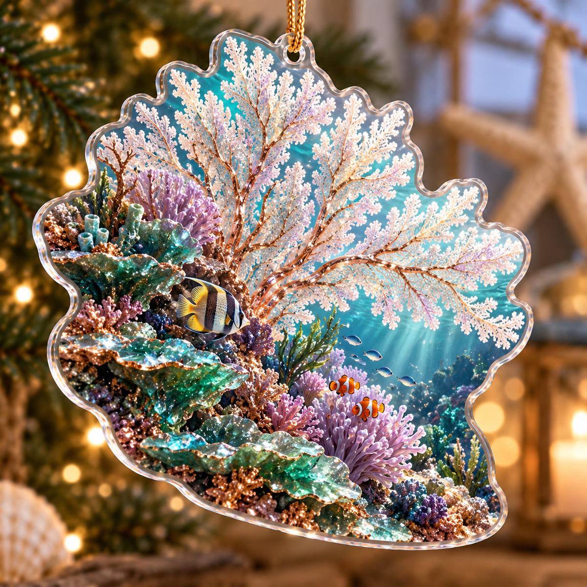 One christmas ornament with original Coral Reef Moonstone Passage optical-depth print.