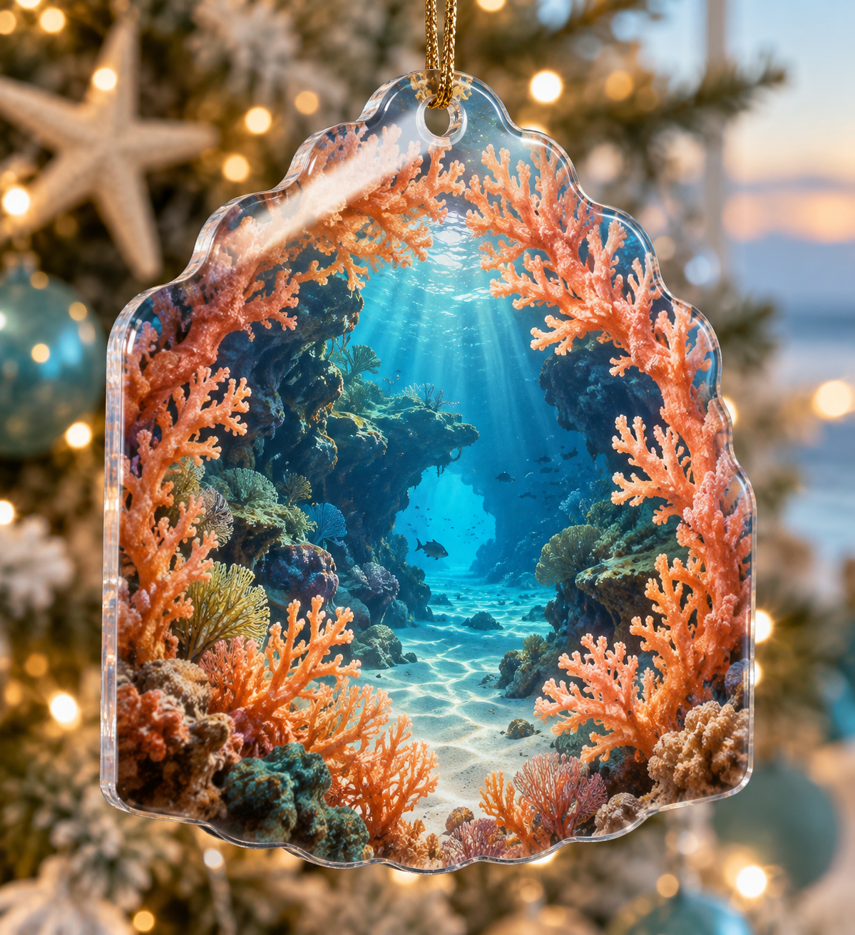 One christmas ornament with original Coral Reef Hearthlight Cove optical-depth print.